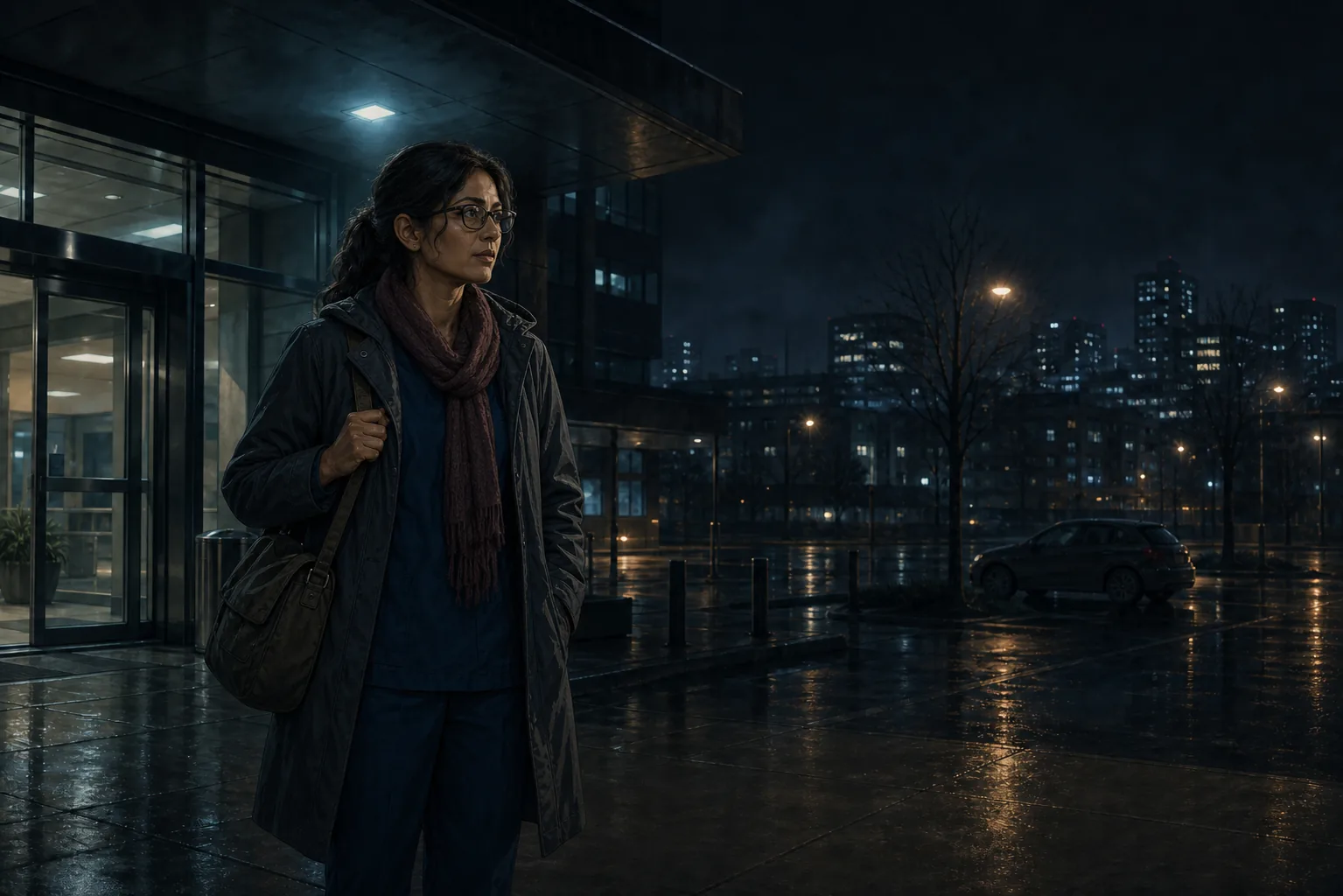 Samira Patel leaving a hospital after a midnight shift in the rain